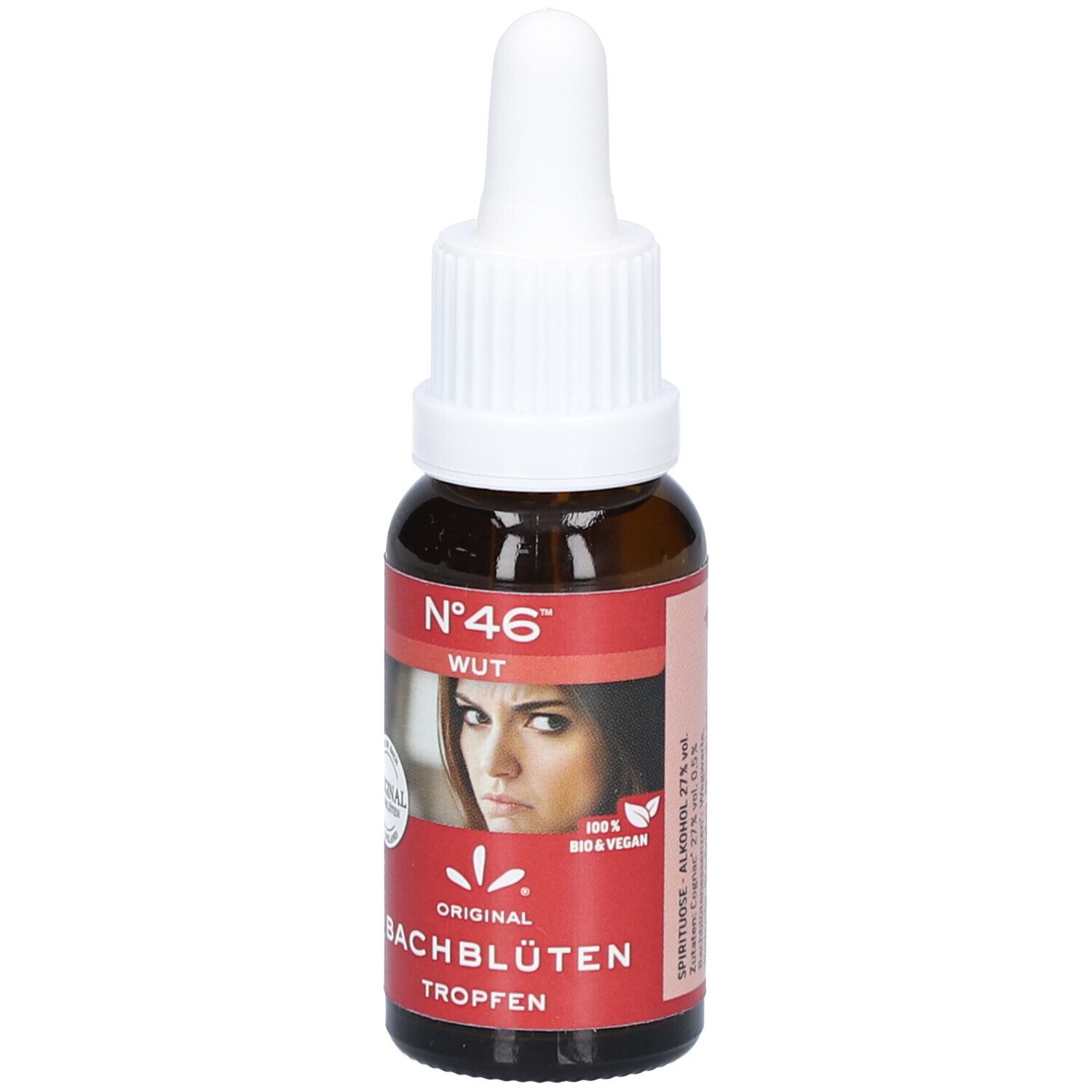 Braune Glasflasche mit weißem Verschluss. Etikett mit Produktnamen, Nr. 46, und Bild einer Frau. Original Bachblüten Tropfen.