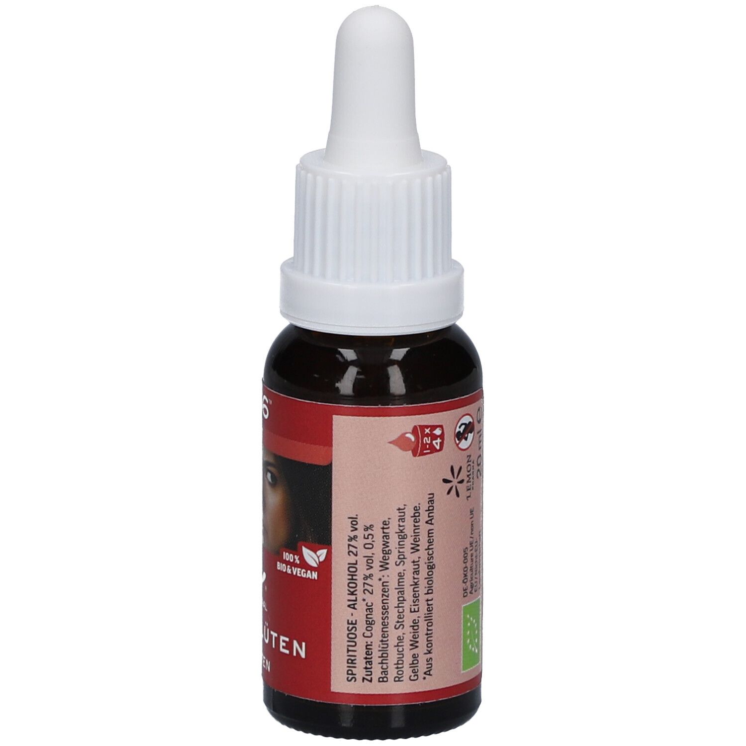 Braune Glasflasche mit weißem Verschluss. Etikett mit Inhaltsstoffen, Bio-Siegel und Bild einer Frau. Original Bachblüten Tropfen.