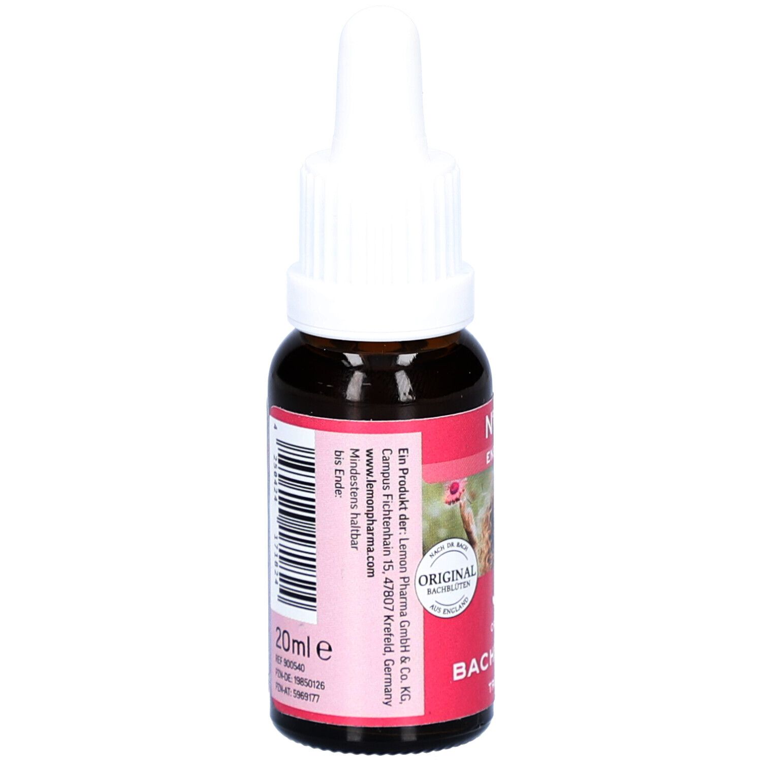 Braune Glasflasche mit weißem Tropfer. Etikett mit "20ml e" und Informationen. "ORIGINAL BACHBLÜTEN".