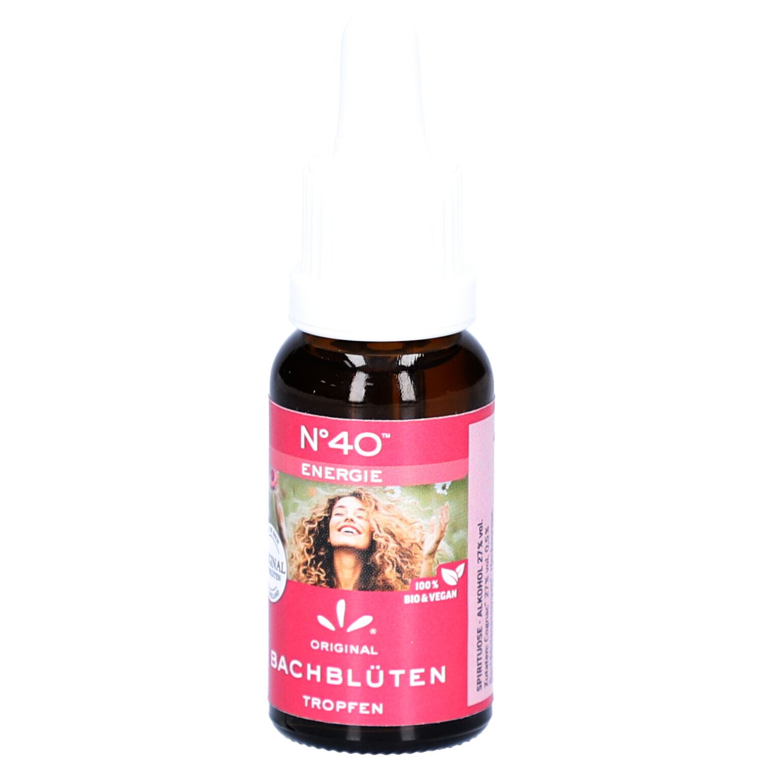 Braune Glasflasche mit weißem Tropfer. Etikett mit "N°40 ENERGIE" und "ORIGINAL BACHBLÜTEN Tropfen". Bild einer Frau.