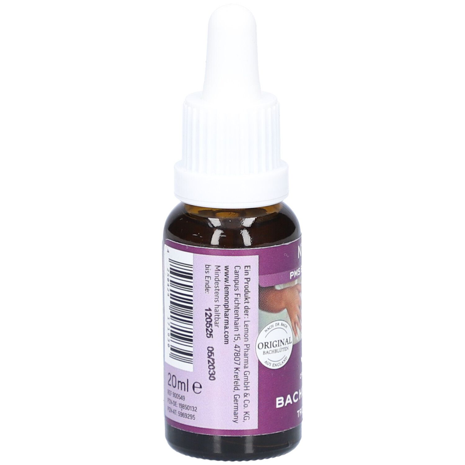 Braune Glasflasche mit weißem Tropfer. Lila Etikett mit Text und Barcode. Aufschrift: 20ml e. Herstellerinformationen.