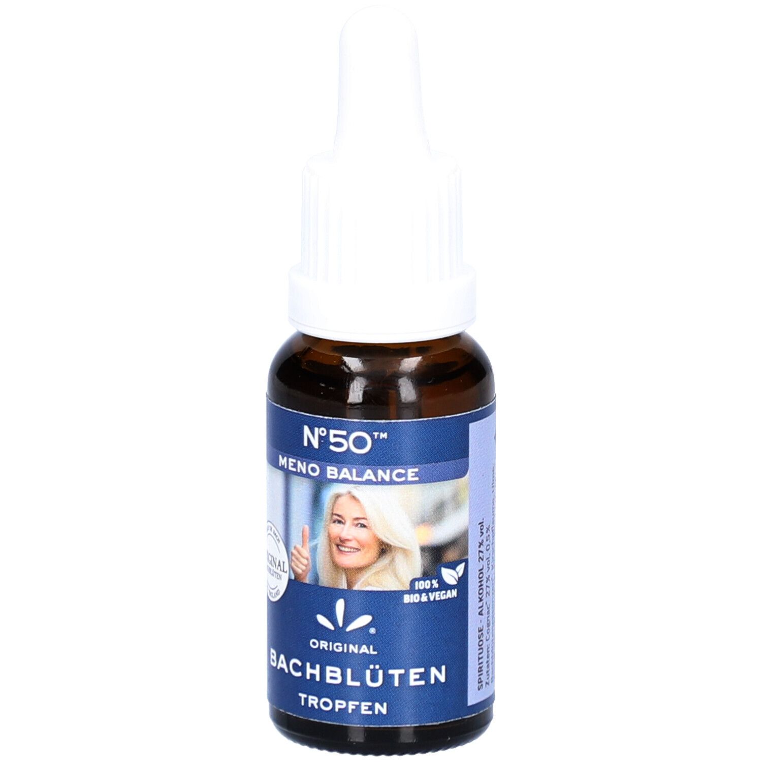 Braune Glasflasche mit weißem Deckel. Etikett mit Produktnamen, Frau mit Daumen hoch. 100% Bio & Vegan.