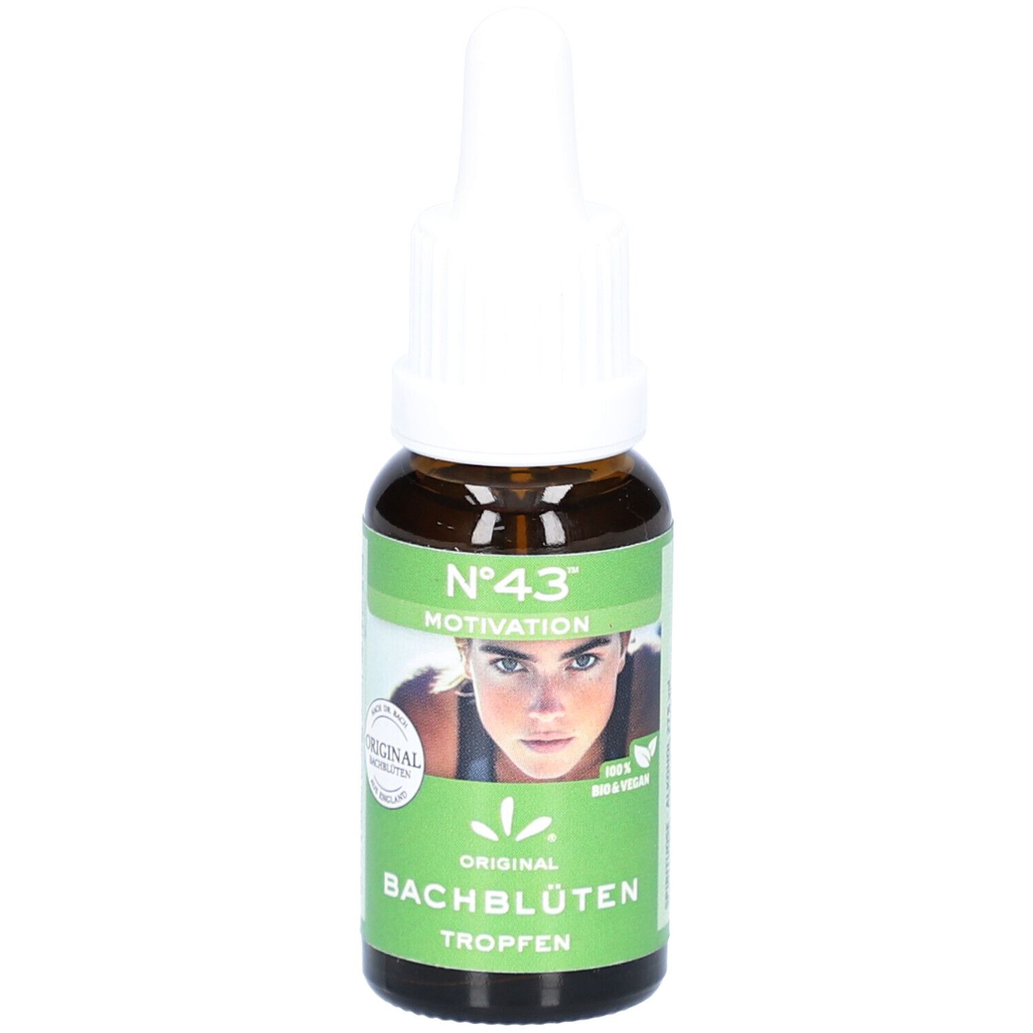Braune Glasflasche mit weißem Verschluss. Etikett mit Text: Nr.43 Motivation, Bachblüten Tropfen. Mit Frauengesicht.