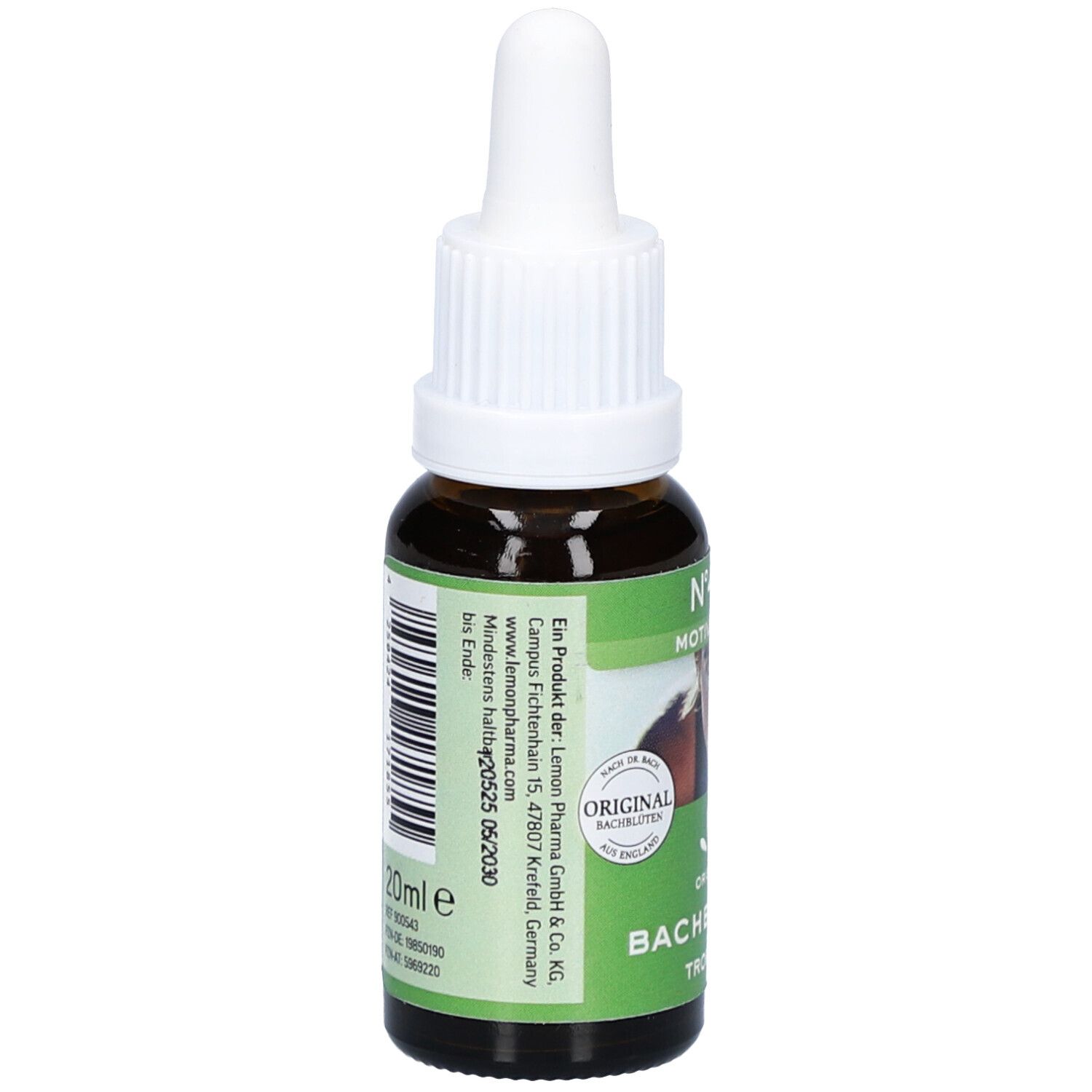Braune Glasflasche mit weißem Verschluss. Etikett mit Text: Nr.43 Motivation, Bachblüten Tropfen. Rückseite mit Text und Barcode.