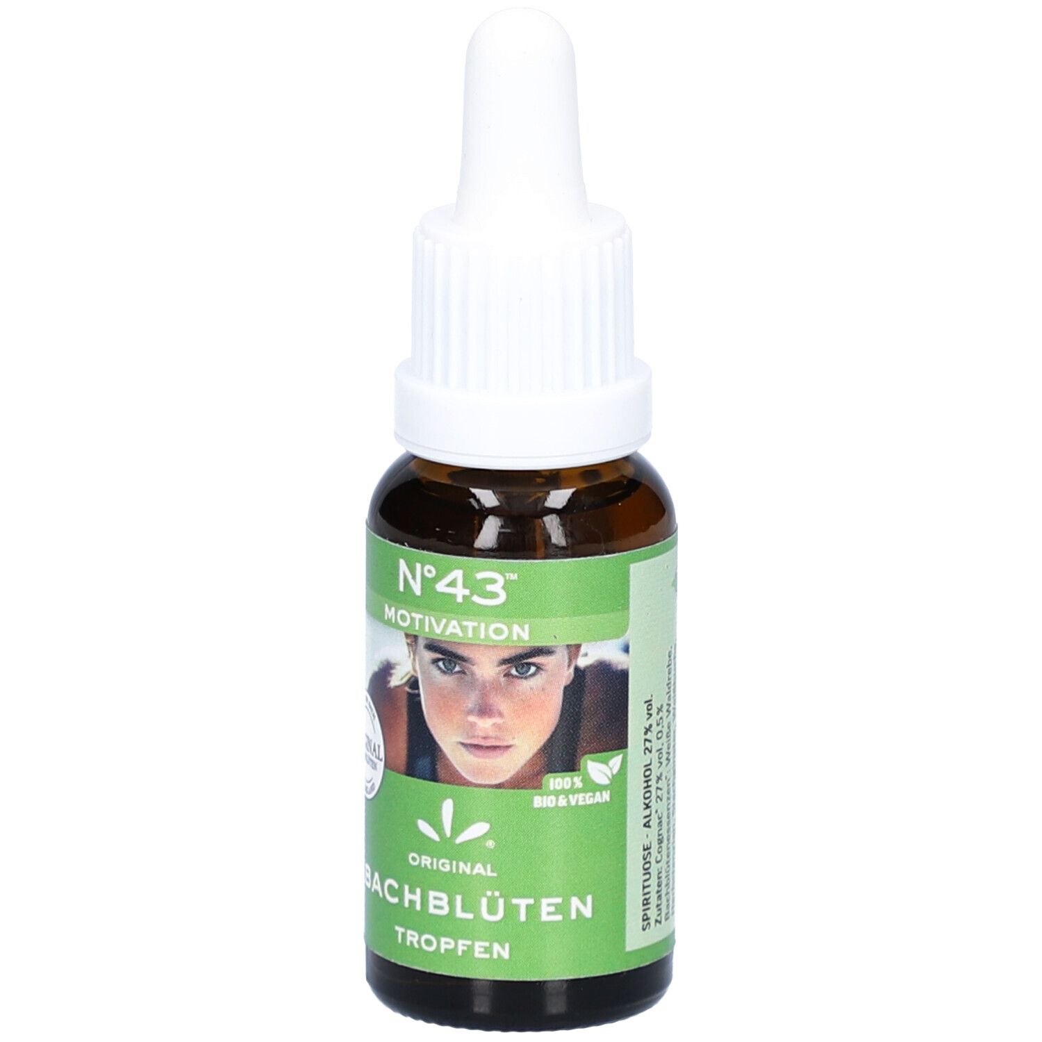 Braune Glasflasche mit weißem Verschluss. Etikett mit Text: Nr.43 Motivation, Bachblüten Tropfen. Mit Frauengesicht. Alkohol 27%.