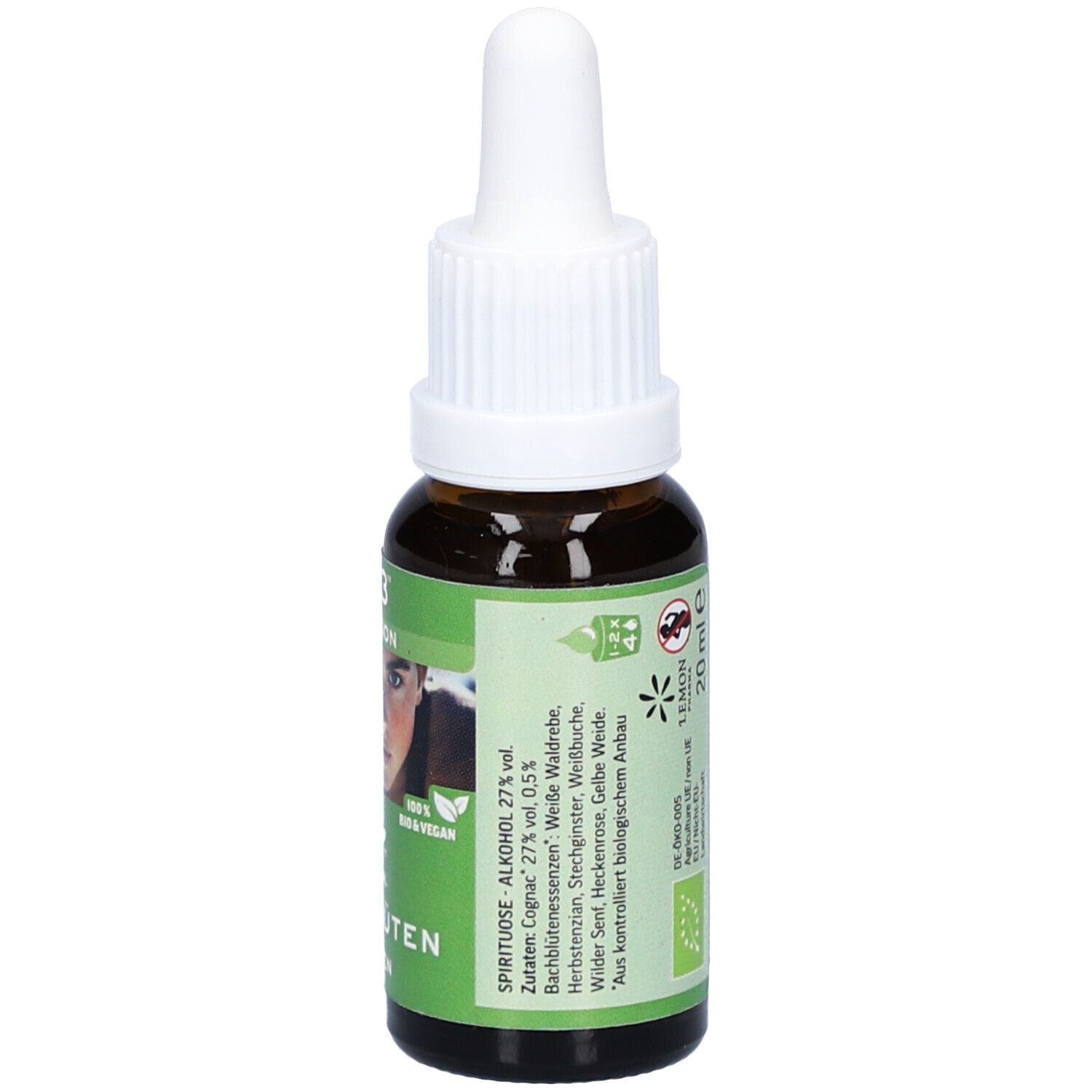 Braune Glasflasche mit weißem Verschluss. Etikett mit Text: Nr.43 Motivation, Bachblüten Tropfen. Alkohol 27%. Bio-Siegel.