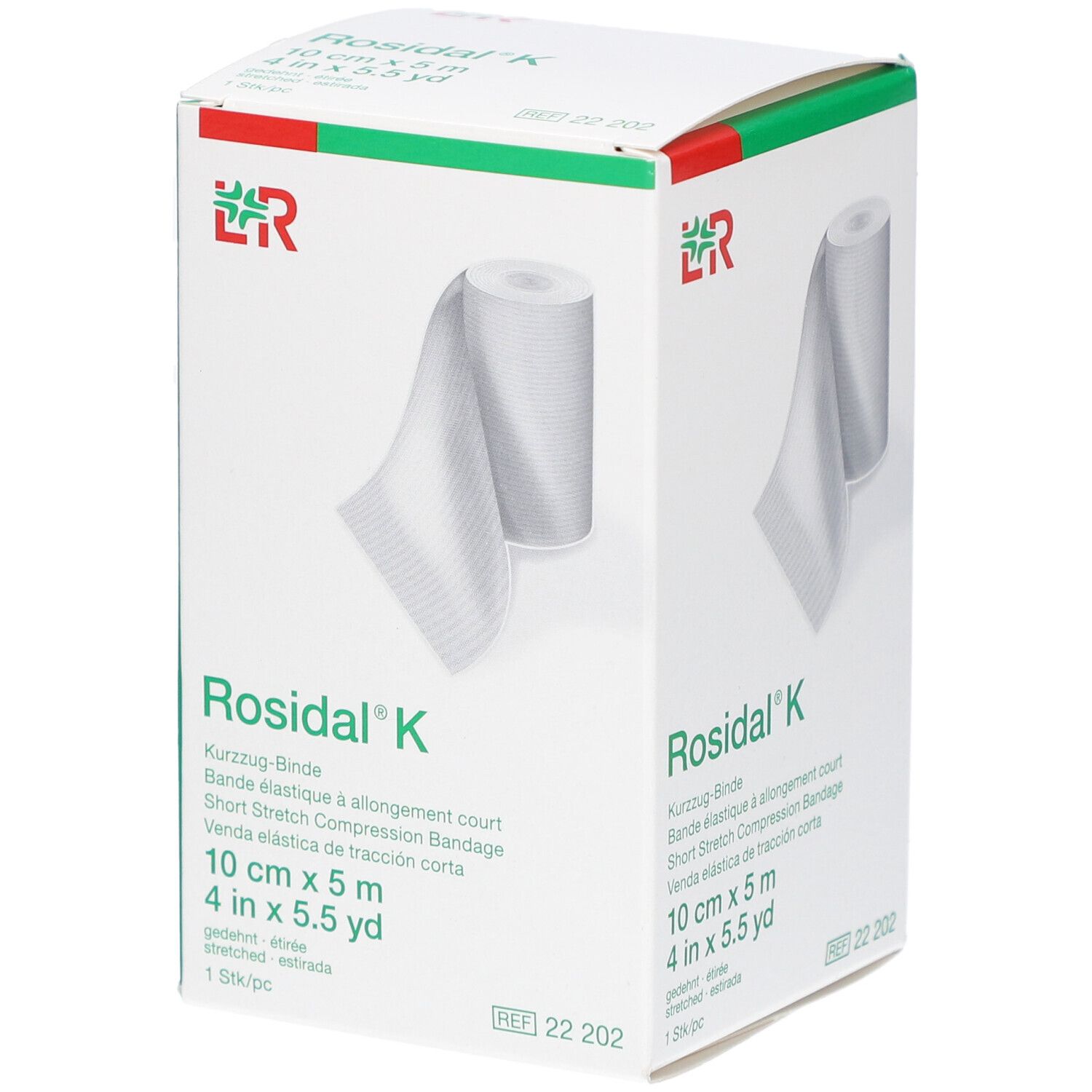 Rosidal® K Kurzzug-Binde, 10 cm x 5 m, in Verpackung. Weißes Verbandsmaterial, grüne und rote Akzente.