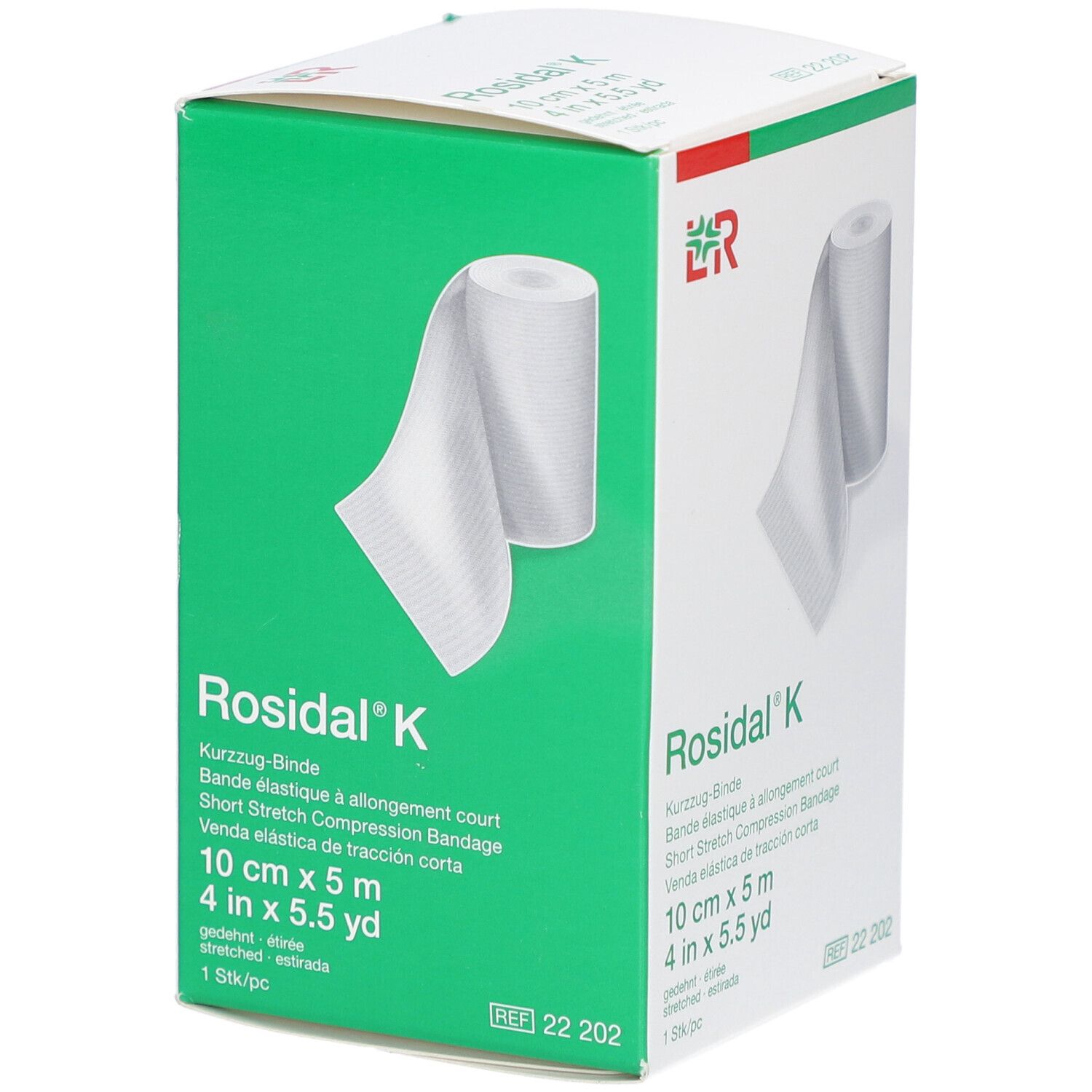 Rosidal® K Kurzzug-Binde, 10 cm x 5 m, in grüner Verpackung. Weißes Verbandsmaterial.