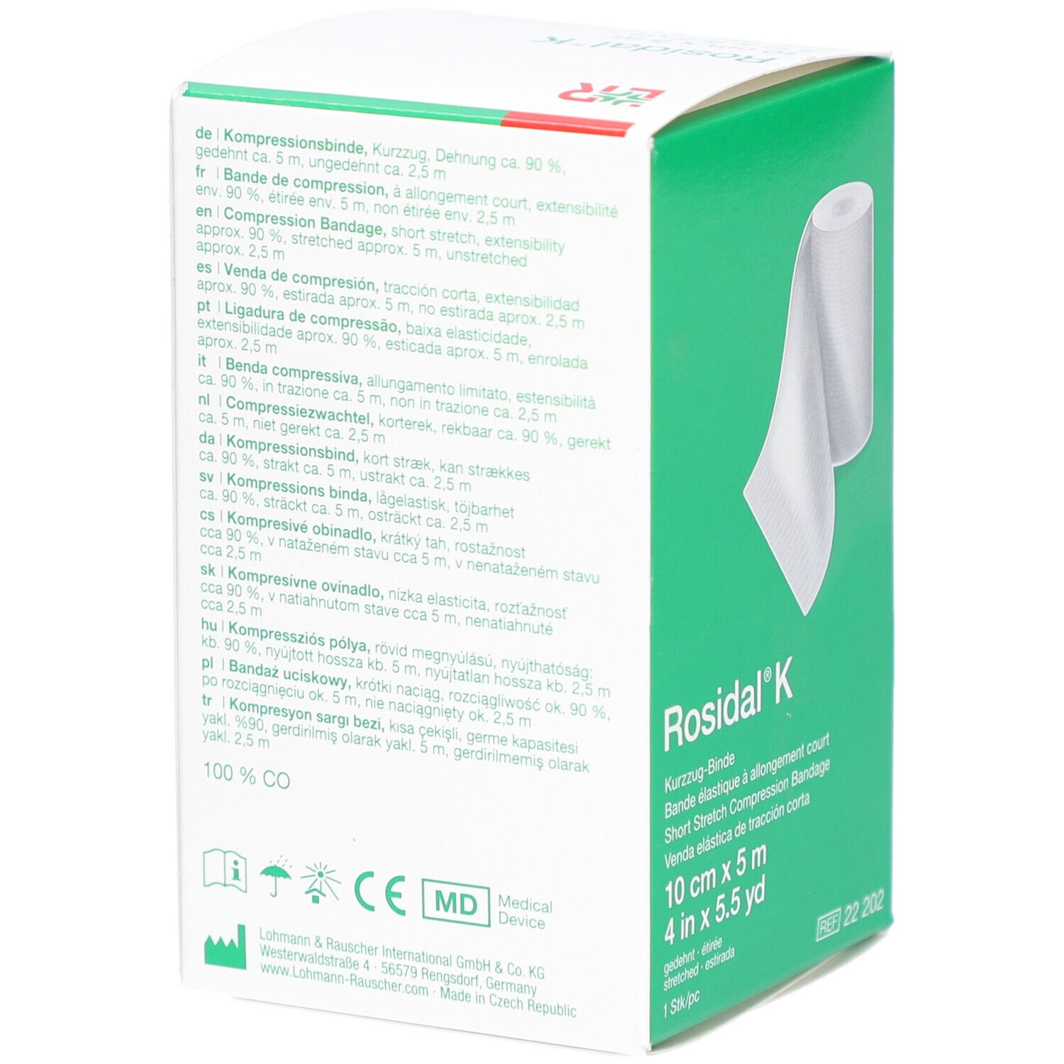 Rosidal® K Kurzzug-Binde, 10 cm x 5 m, Verpackung mit Text. Medizinprodukt-Kennzeichnung.