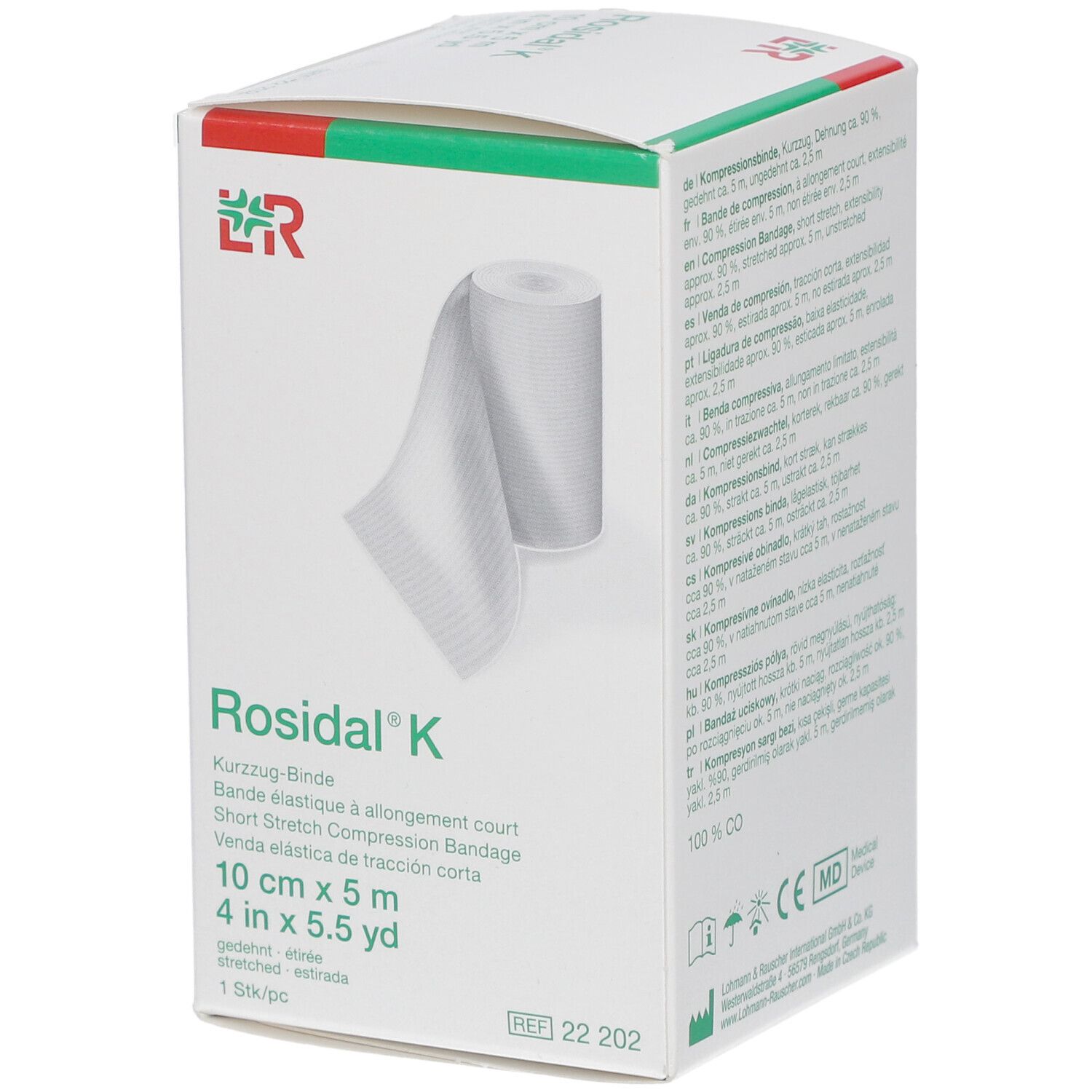 Rosidal® K Kurzzug-Binde, 10 cm x 5 m, in Verpackung. Weißes Verbandsmaterial, grüne und rote Akzente.