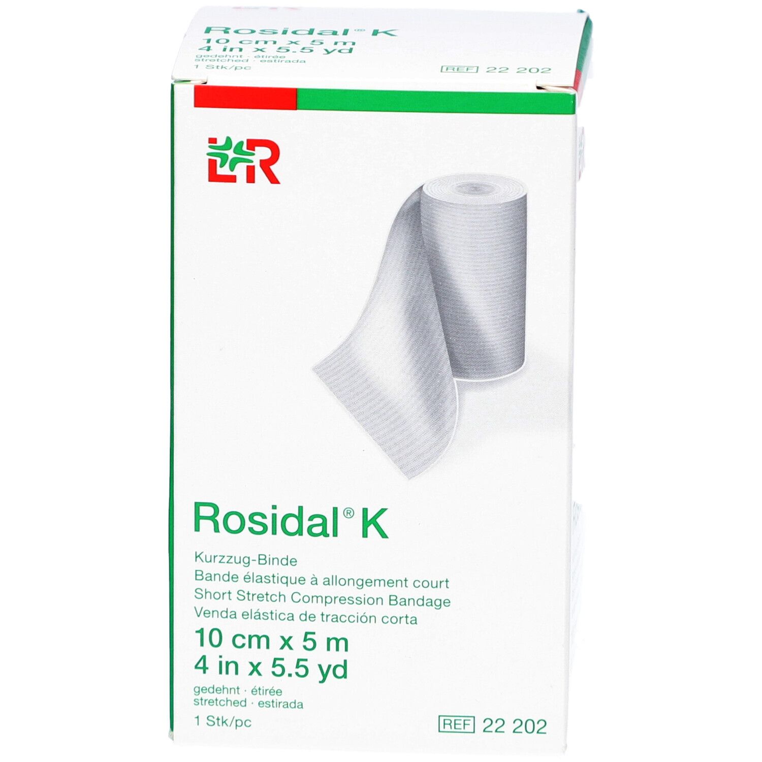 Rosidal® K Kurzzug-Binde, 10 cm x 5 m, in Verpackung. Weißes Verbandsmaterial, grüne und rote Akzente.