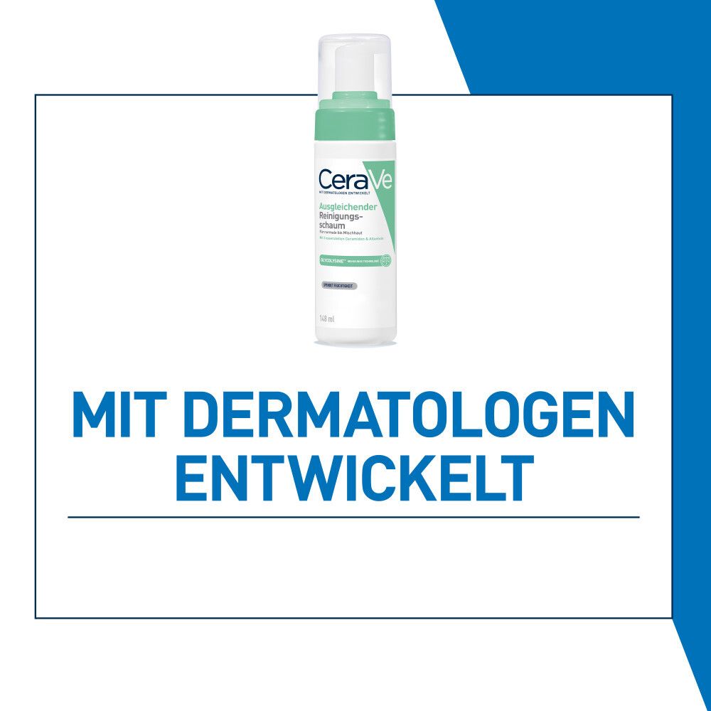 CeraVe Ausgleichender Reinigungsschaum. Mit Dermatologen entwickelt. Text auf weißem Hintergrund.