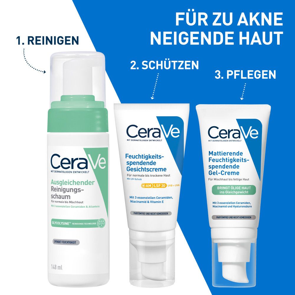 CeraVe Produkte: Reinigungsschaum, Feuchtigkeitsspendende Gesichtscreme, Gel-Creme. Text.