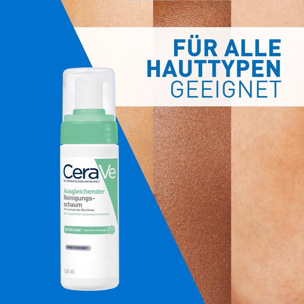 CeraVe Ausgleichender Reinigungsschaum. Geeignet für alle Hauttypen. Hautfarben im Hintergrund.