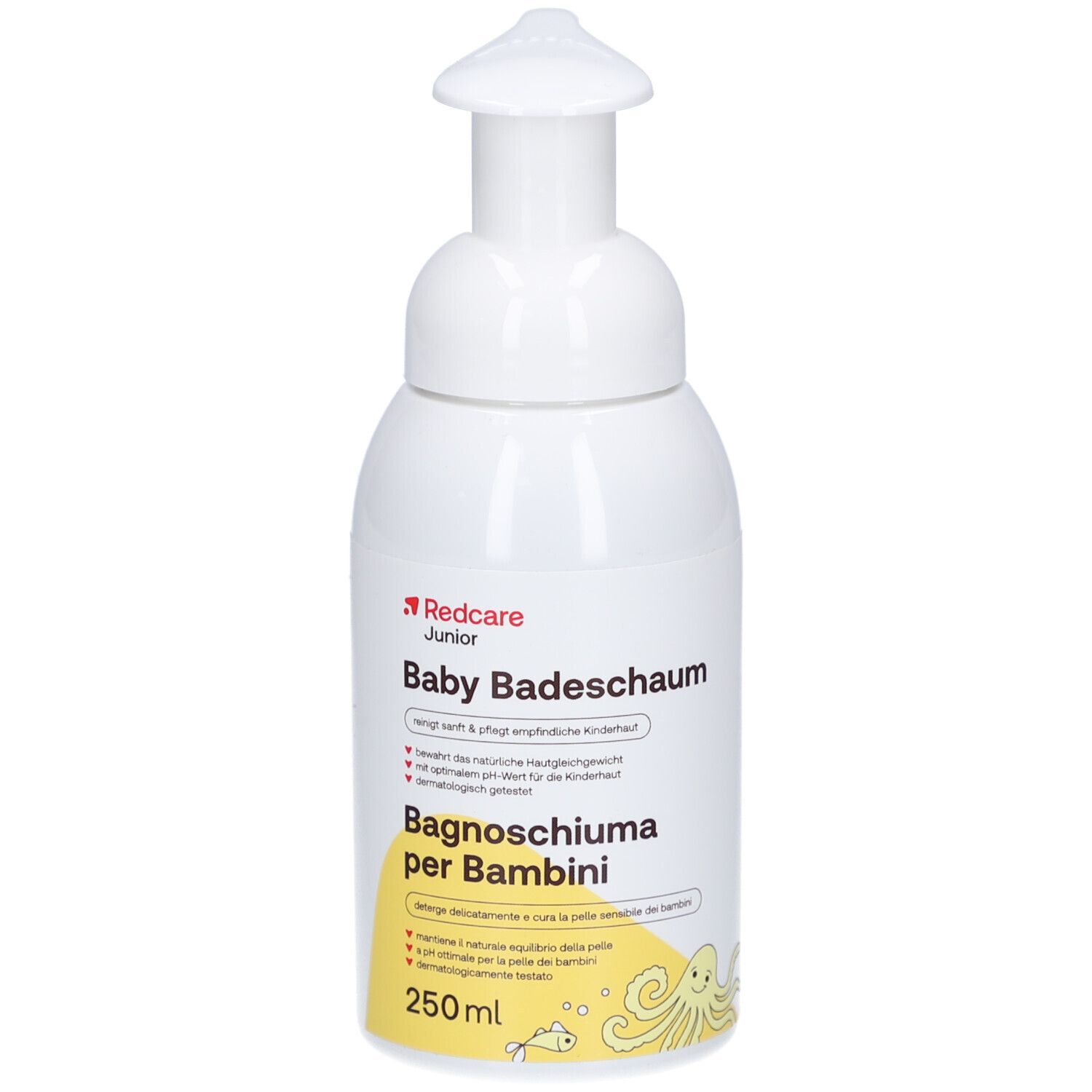 Weiße Flasche mit Pumpverschluss. Aufschrift: Redcare Junior Baby Badeschaum, Badeschaum für Babys, 250ml.
