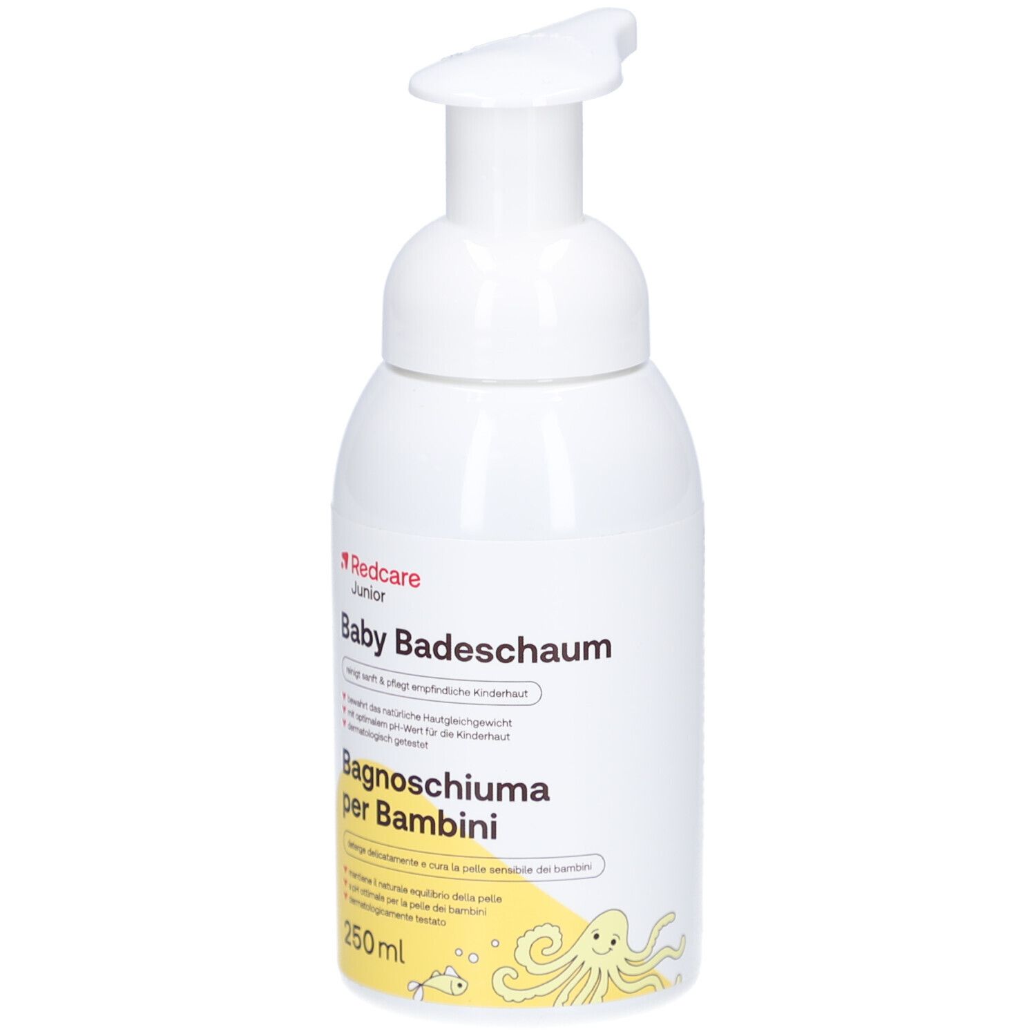 Weiße Flasche mit Pumpverschluss. Aufschrift: Redcare Junior Baby Badeschaum, Badeschaum für Babys, 250ml.