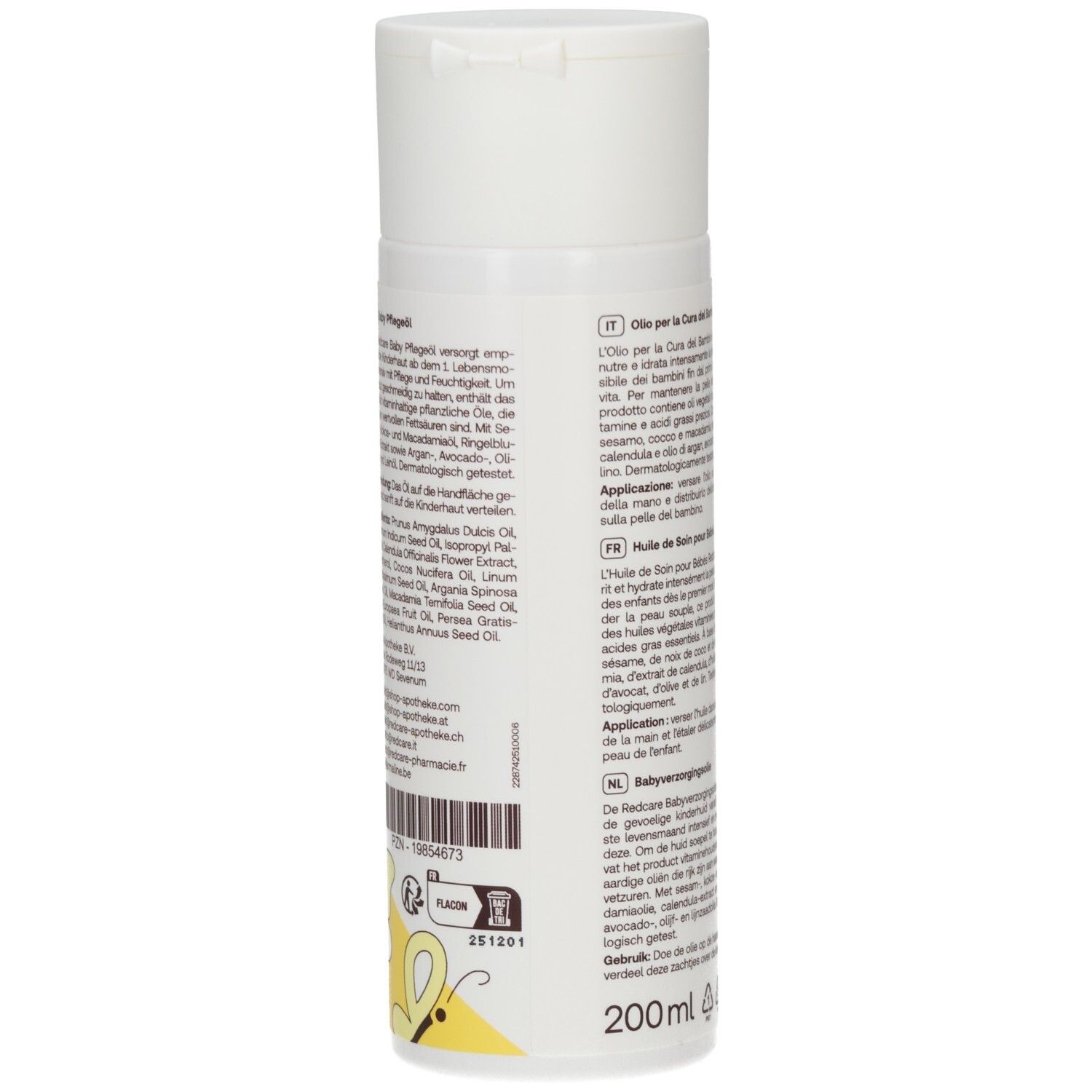 Infografik: Redcare Junior Baby Pflegeöl. Spendet Feuchtigkeit & pflegt empfindliche Kinderhaut. Anwendung: Öl auf Handfläche geben.