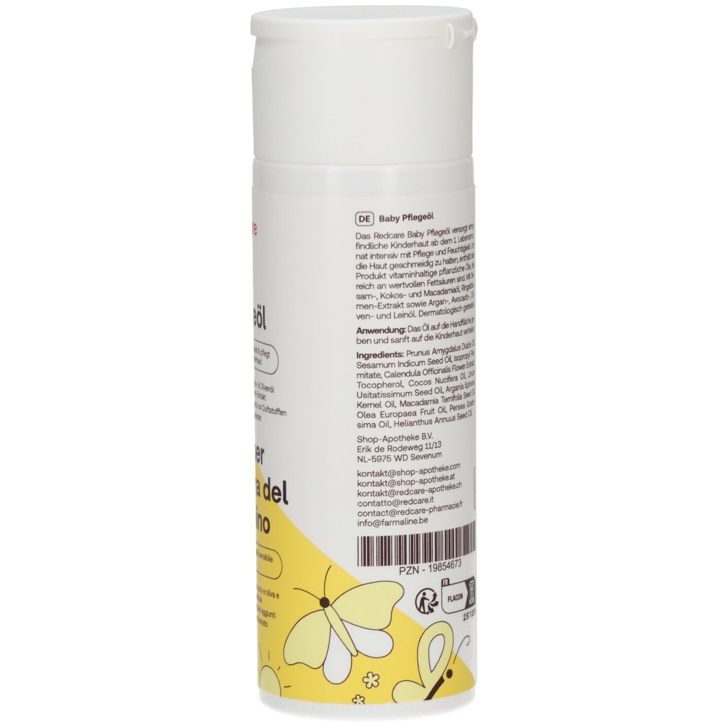 Infografik: Redcare Junior Baby Pflegeöl. Spendet Feuchtigkeit & pflegt empfindliche Kinderhaut. Anwendung: Öl auf Handfläche geben.