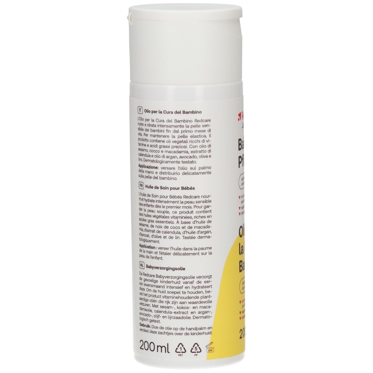 Infografik: Redcare Junior Baby Pflegeöl. Spendet Feuchtigkeit & pflegt empfindliche Kinderhaut. Anwendung: Öl auf Handfläche geben.