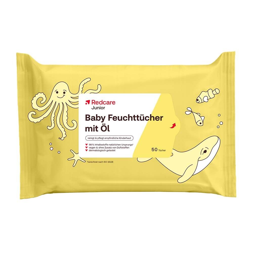 Gelbe Verpackung mit Baby Feuchttücher mit Öl. Aufdrucke: Tintenfisch, Wal, Fische. Text: Redcare Junior, 50 Tücher.