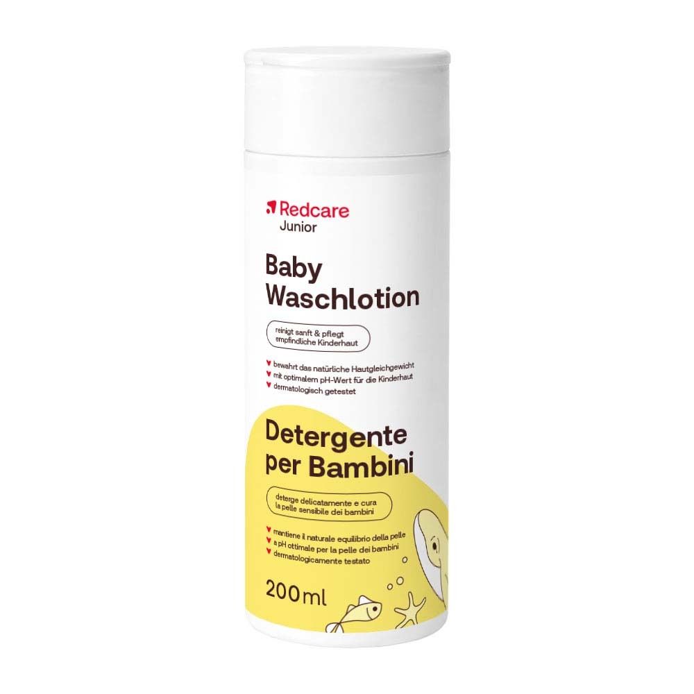 Weiße Flasche Redcare Junior Baby Waschlotion. Aufschrift: Baby Waschlotion, Detergente per Bambini. 200ml.