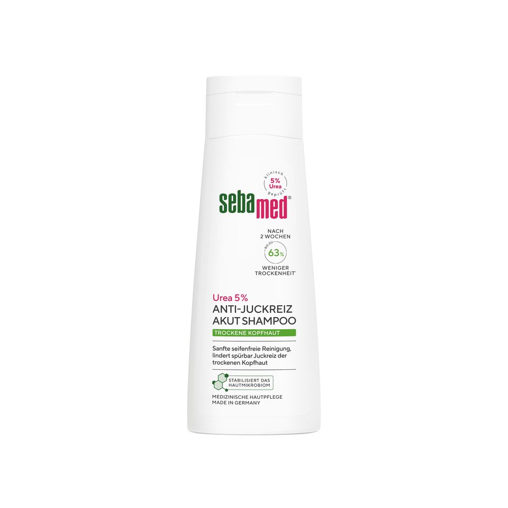 Sebamed Shampoo-Flasche, weiß, mit grünem und rotem Etikett. Text: 5% Urea Anti-Juckreiz Akut Shampoo, trockene Kopfhaut.