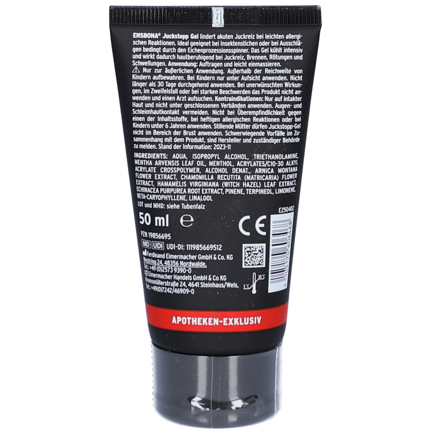 Rückseite der Tube. Enthält Informationen zu Inhaltsstoffen, Anwendung und Hersteller. Volumen: 50 ml. Apotheken-exklusiv.