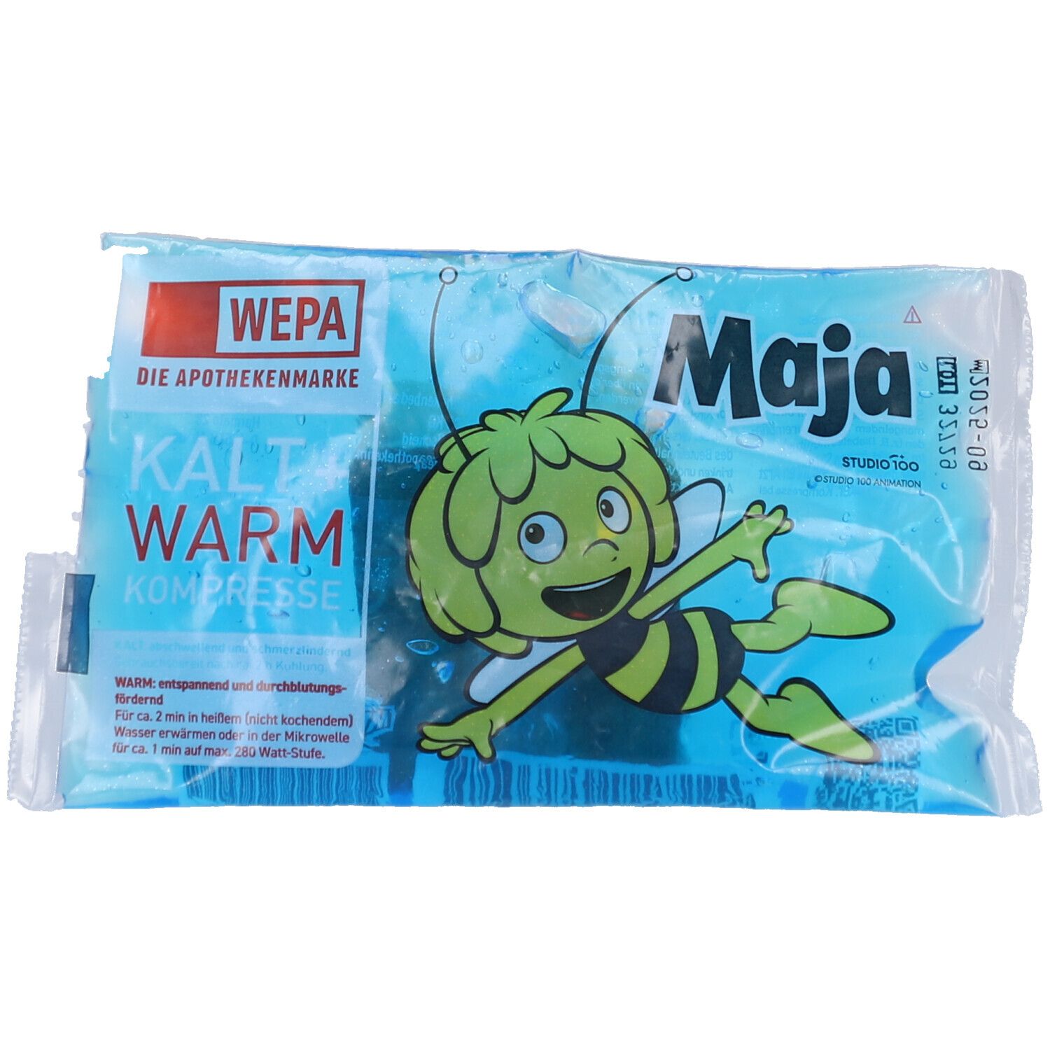 Kalt-Warm Kompresse Biene Maja in Folienverpackung. Blaue Kompresse mit Cartoon-Biene. Text: KALT-WARM Kompresse, WEPA.