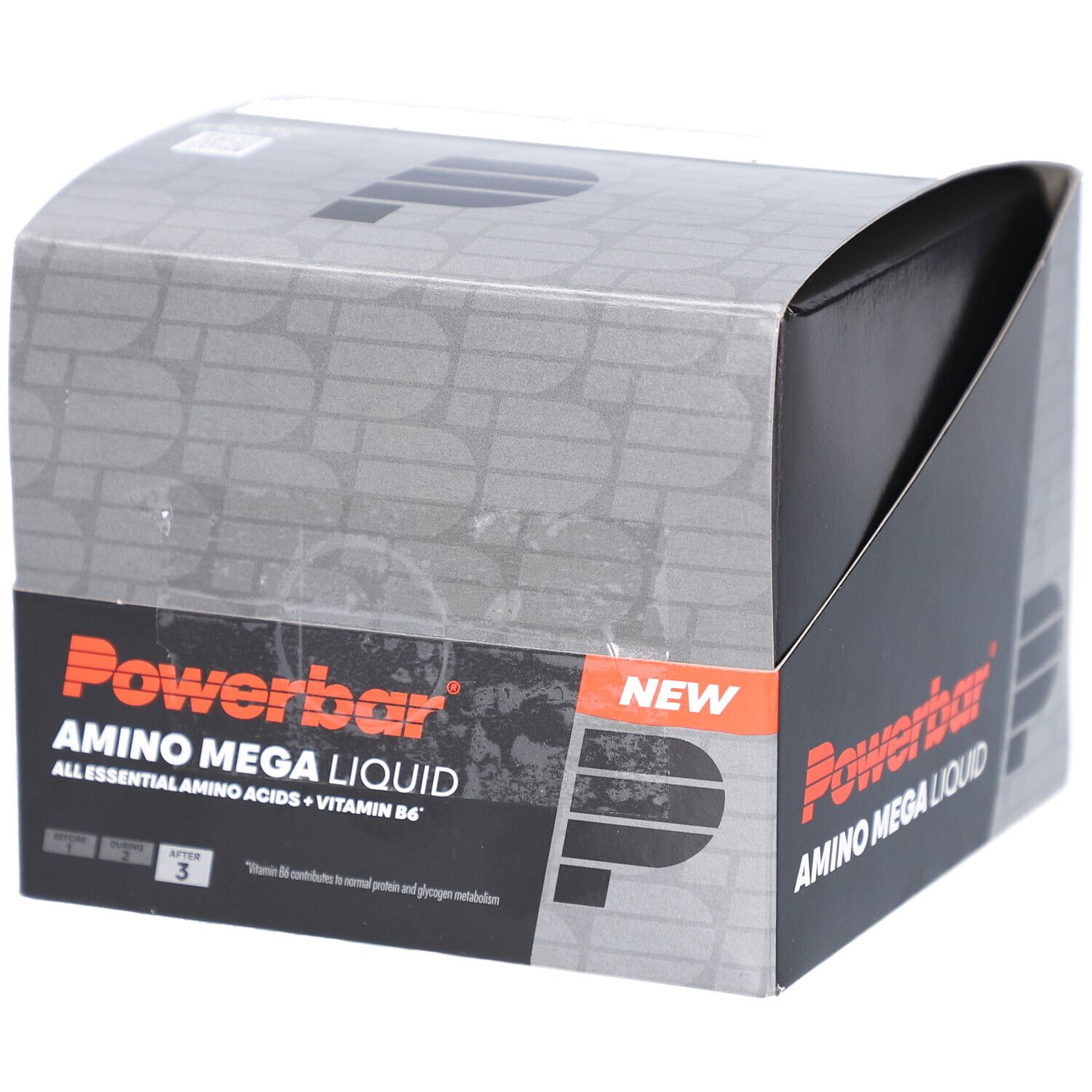 Verpackung von Powerbar Amino Mega Liquid. Enthält Aminosäuren und Vitamin B6. Graue und schwarze Box mit Produktlogo.