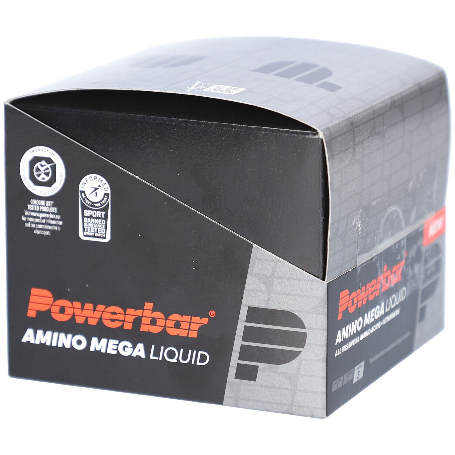 Schwarze Verpackung von Powerbar Amino Mega Liquid. Enthält Aminosäuren und Vitamin B6. Mit Sport-Banned-Tested-Siegel.