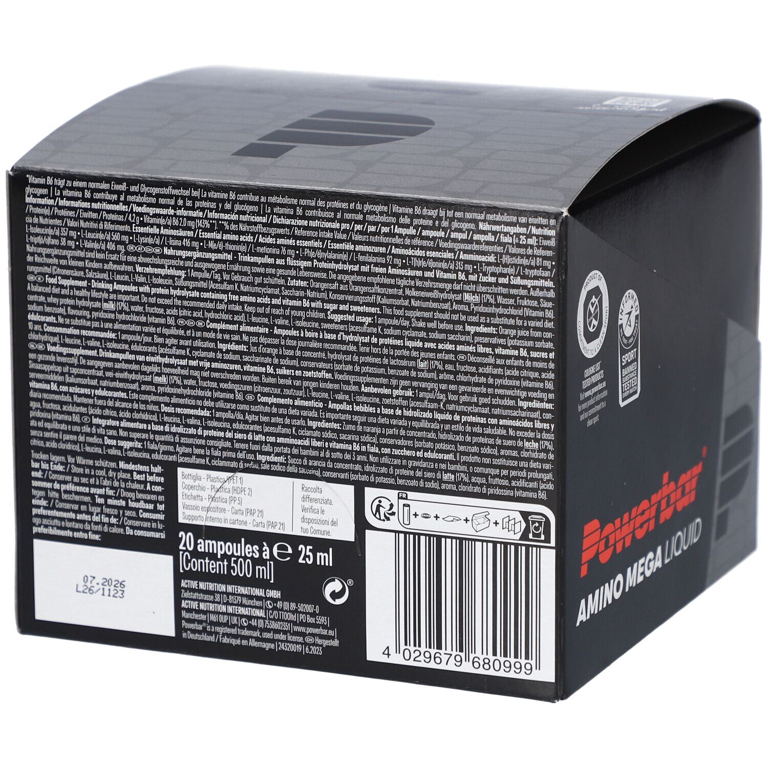 Rückseite der Powerbar Amino Mega Liquid Verpackung. Enthält Informationen zu Inhaltsstoffen und Nährwerten. Mit Barcode.
