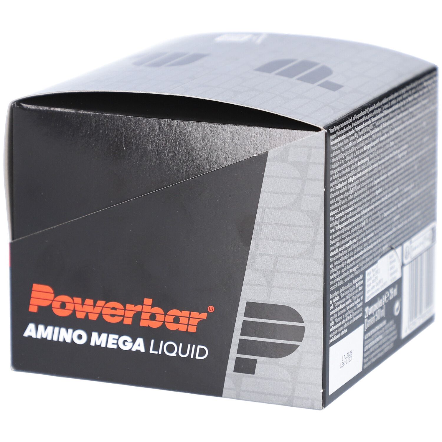 Schwarze Verpackung von Powerbar Amino Mega Liquid. Enthält Aminosäuren und Vitamin B6. Grauer Hintergrund.