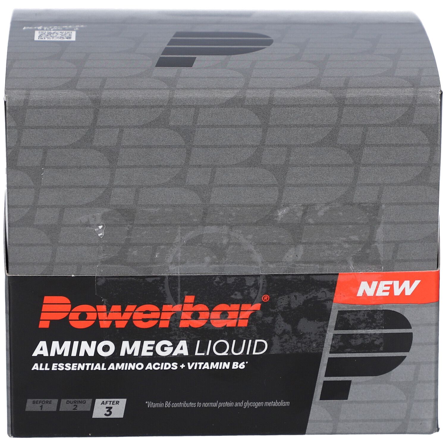 Verpackung von Powerbar Amino Mega Liquid. Enthält Aminosäuren und Vitamin B6. Mit 'NEW' Aufkleber.