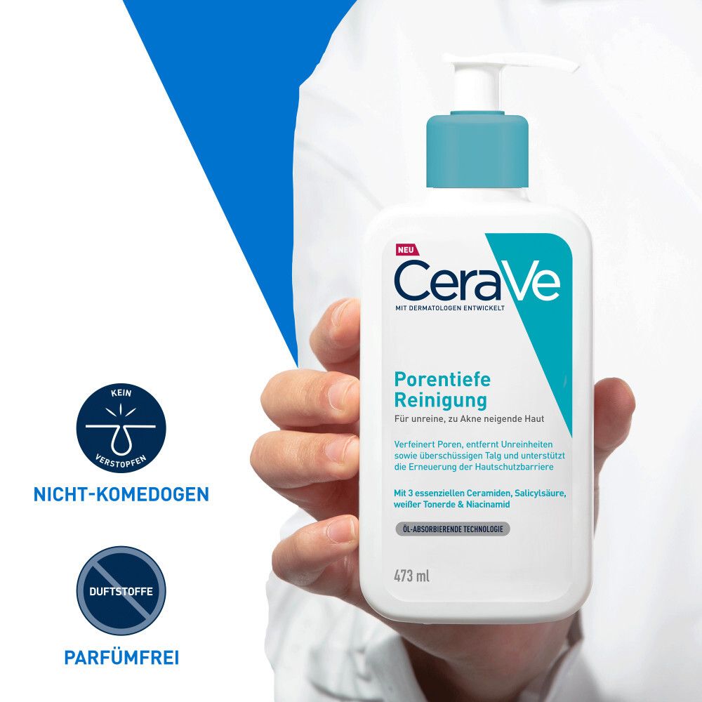 CeraVe Porentiefe Reinigung. Flasche in Hand. Text: Nicht-komedogen, parfümfrei. Logo: Empfohlen von Dermatologen.