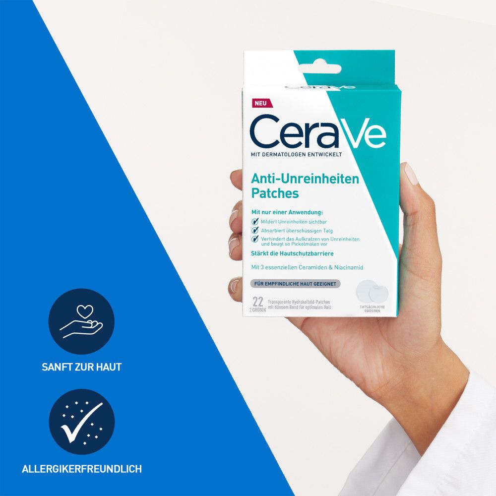 Hand hält die CeraVe Anti-Unreinheiten Patches. Blaue und weiße Verpackung. Allergikerfreundlich.