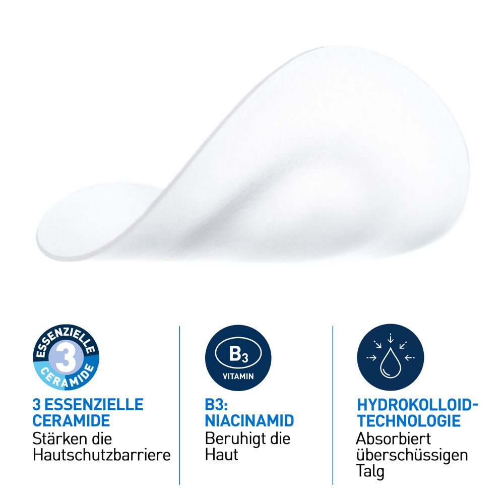 Nahaufnahme eines einzelnen Hydrokolloid-Patches. 3 essentielle Ceramide, Vitamin B3, Hydrokolloid-Technologie.