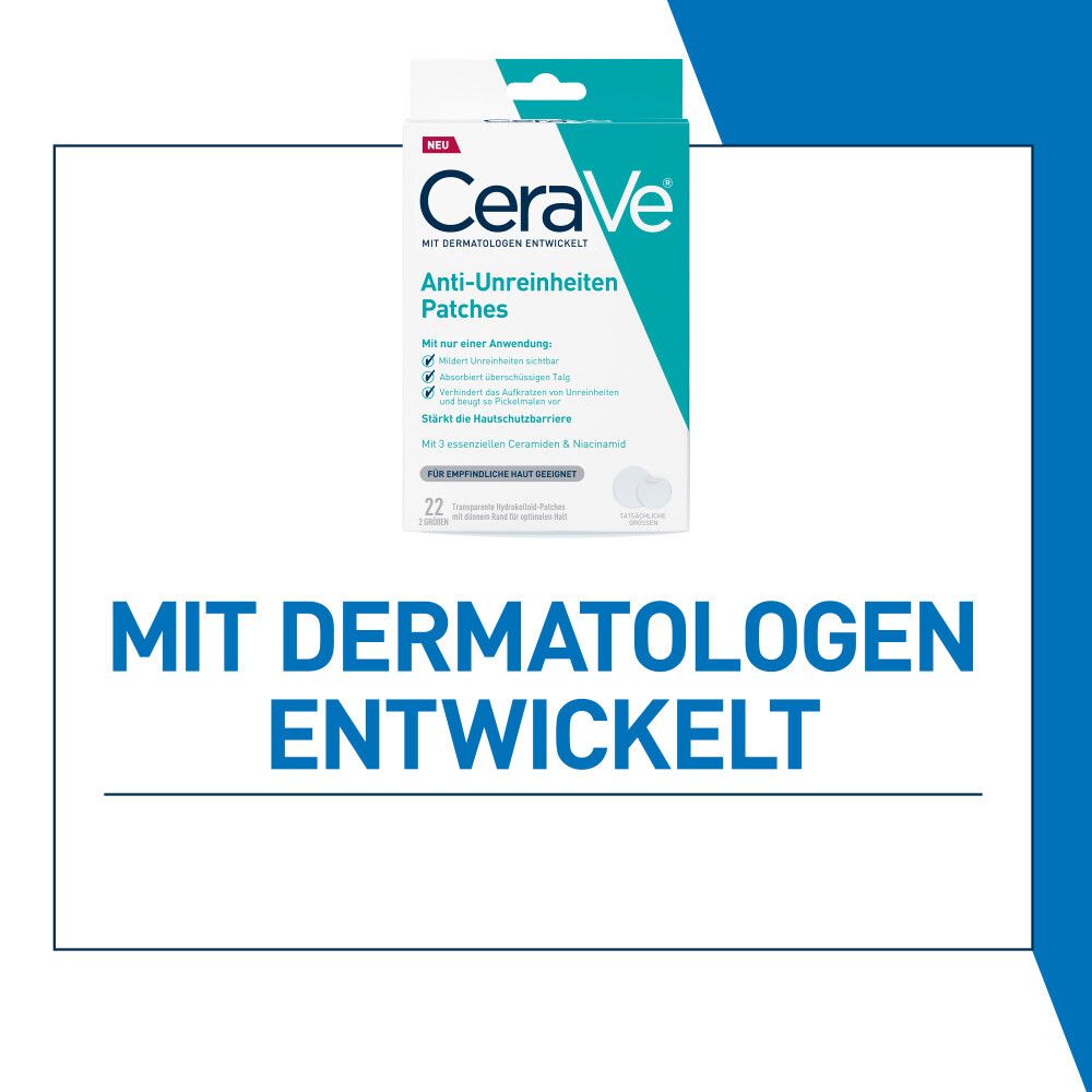CeraVe Anti-Unreinheiten Patches Verpackung. Mit Dermatologen entwickelt. Blau und weiß.
