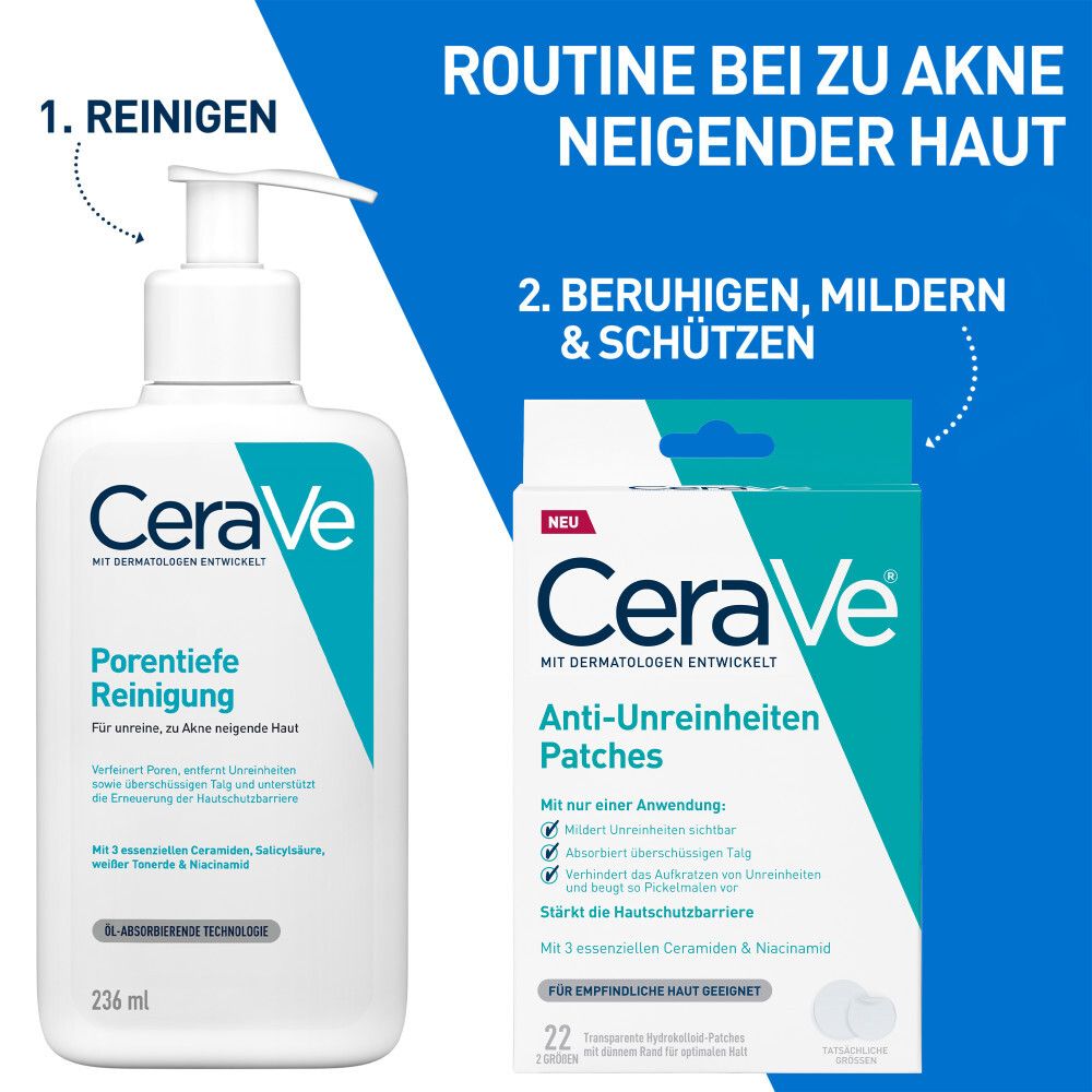 CeraVe Reinigung und Anti-Unreinheiten Patches. Flasche und Verpackung. Routine bei Akne-neigender Haut.