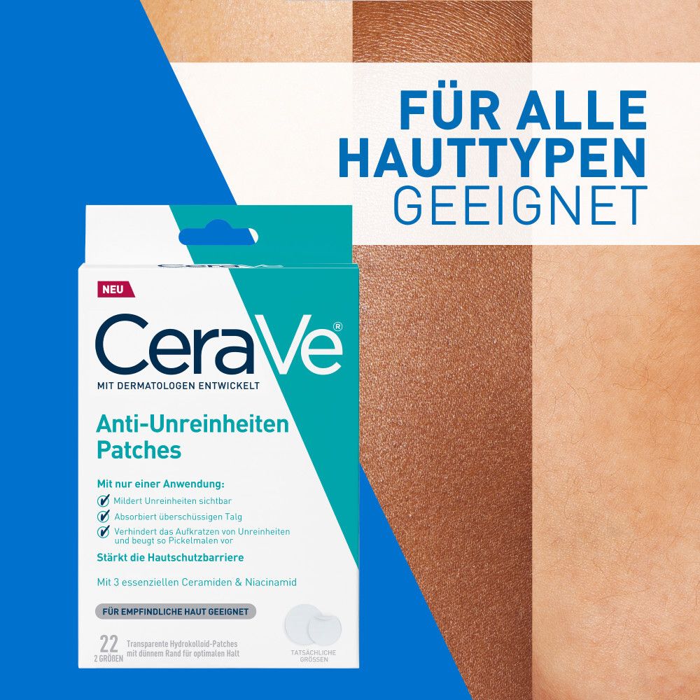 CeraVe Anti-Unreinheiten Patches Verpackung. Für alle Hauttypen geeignet. Blau und weiß.