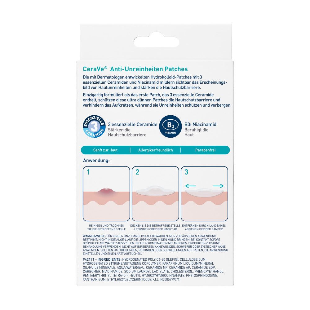 Rückseite der CeraVe Anti-Unreinheiten Patches Verpackung. Produktinformationen und Anwendungshinweise.