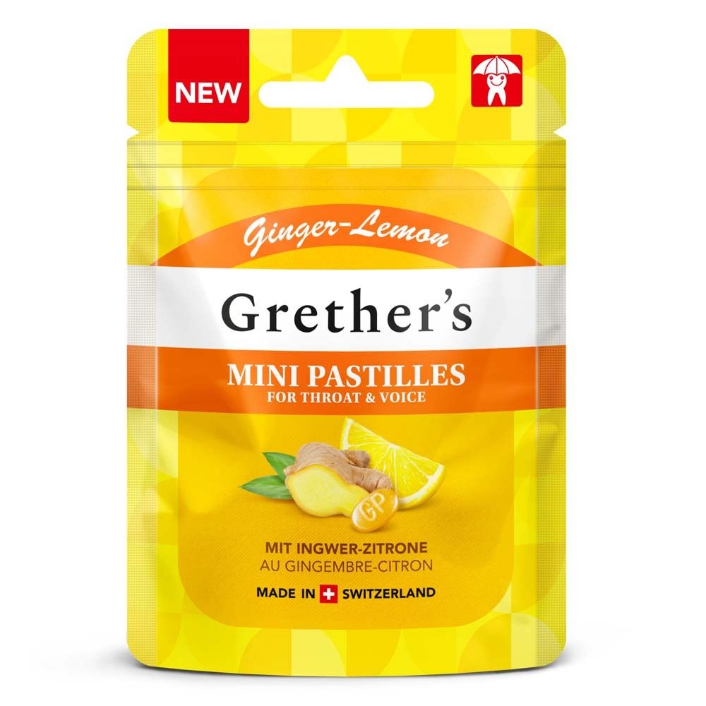 Gelbe Verpackung mit Grether's Mini Pastillen. Aufdruck: Ginger-Lemon, Mini Pastilles, Ingwer-Zitrone. Mit Schweizer Kreuz.
