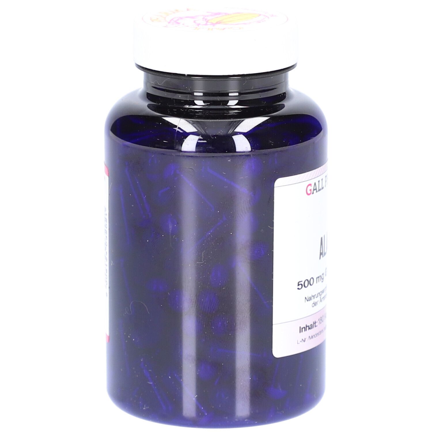 Blaue Flasche mit durchsichtigen Kapseln. Inhalt sichtbar. Weißer Deckel. Hersteller: GALL PHARMA.