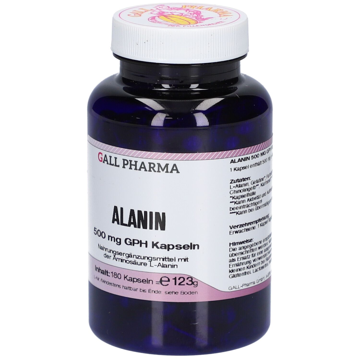 Blaue Flasche mit weißen Kapseln. Aufschrift: ALANIN 500 mg GPH Kapseln. Hersteller: GALL PHARMA. Inhalt: 180 Kapseln.