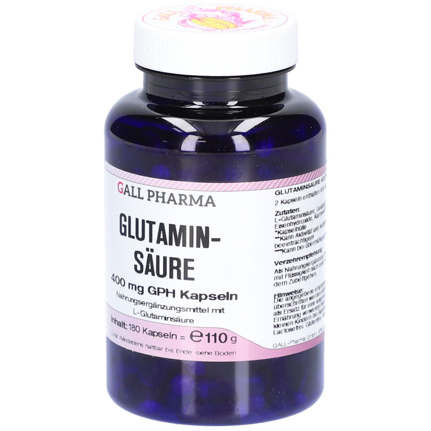 Blaue Flasche mit weißem Etikett. Aufschrift: Gall Pharma Glutaminsäure 400 mg GPH Kapseln. Inhalt: 180 Kapseln. Blaue Kapseln sichtbar.