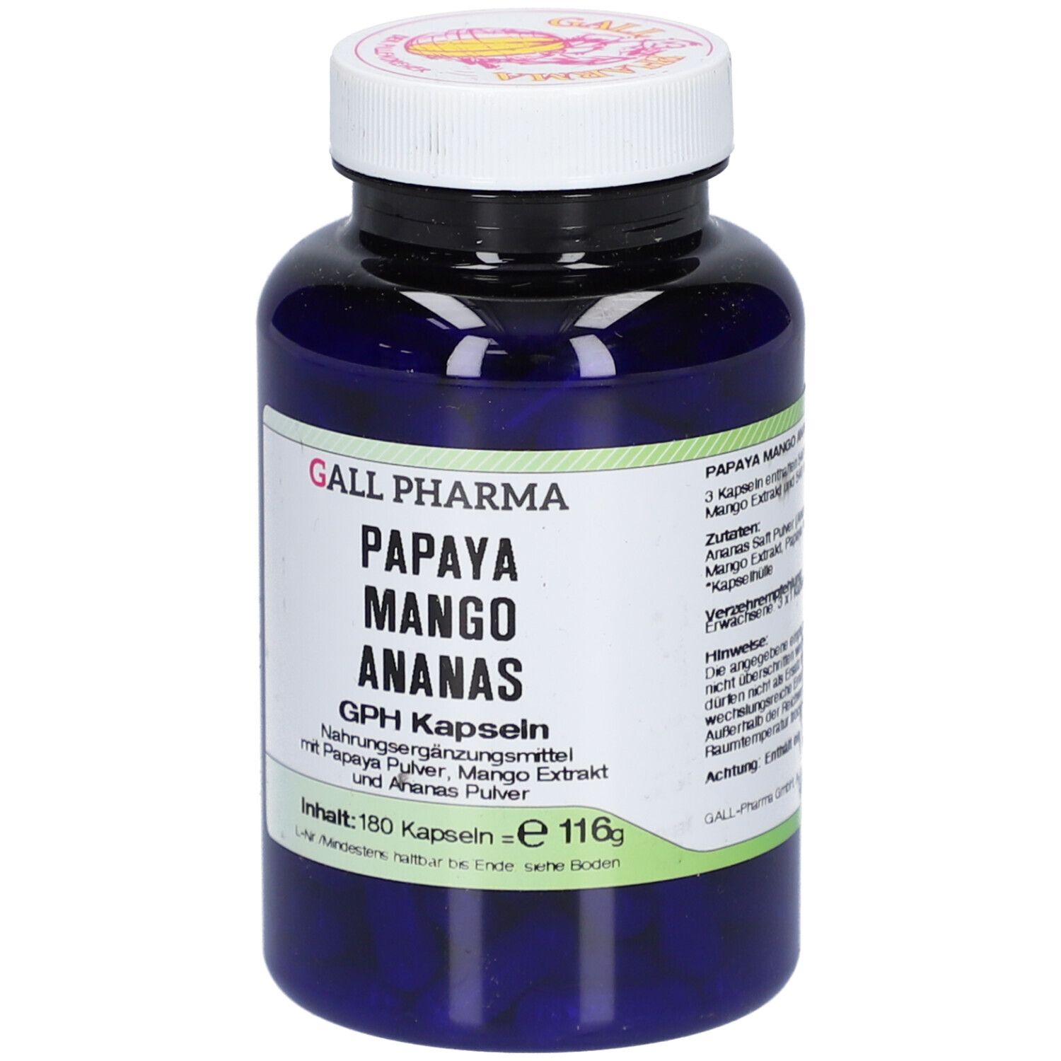 Blaue Flasche mit weißen Deckel. Aufschrift: PAPAYA MANGO ANANAS GPH Kapseln. Enthält 180 Kapseln.