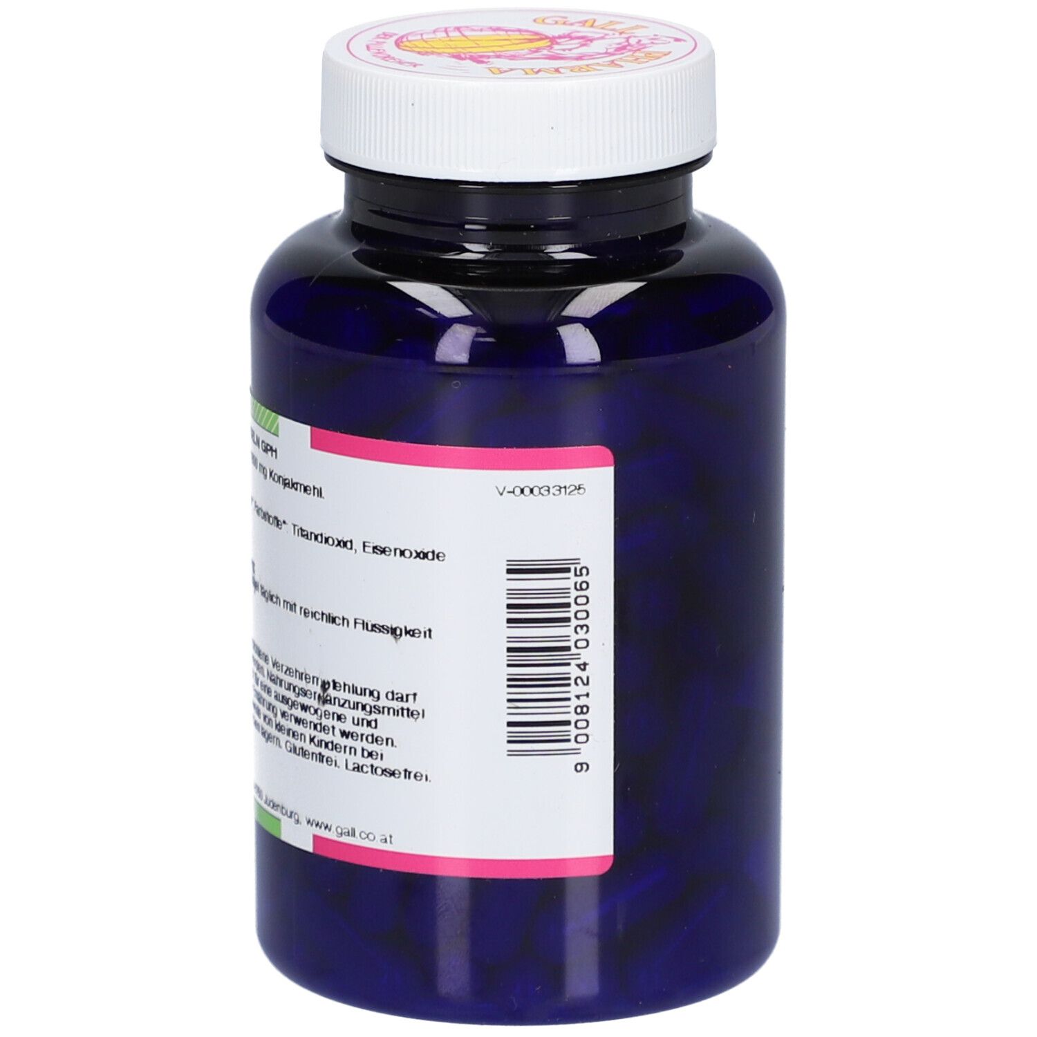 Blaue Flasche mit weißen Deckel. Rückseite mit Etikett. Produktinformationen, Barcode, Herstellerangaben. Rosa Akzent.