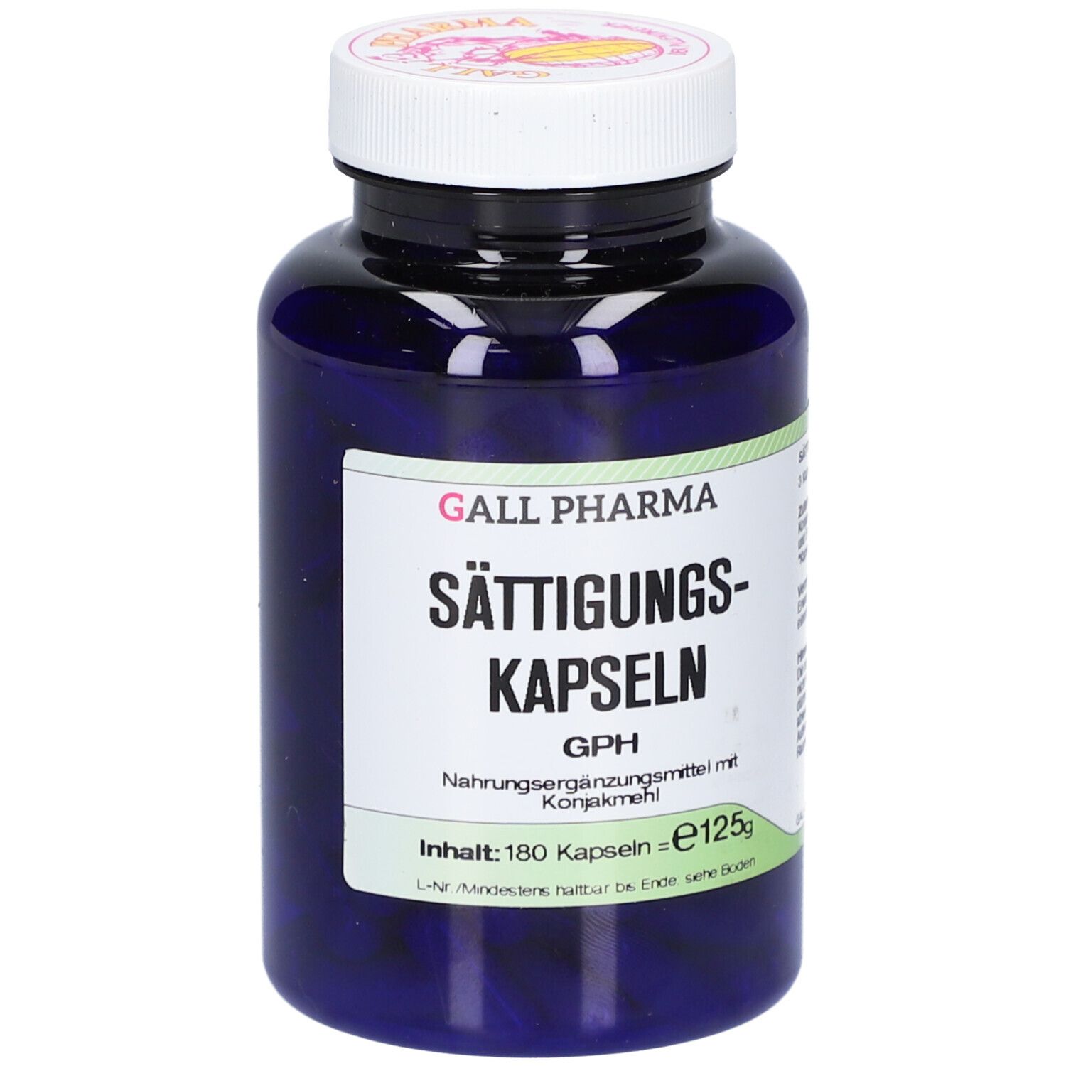 Blaue Flasche mit weißen Deckel. Aufschrift: SÄTTIGUNGSKAPSELN, GPH, Nahrungsergänzungsmittel. Inhalt: 180 Kapseln.