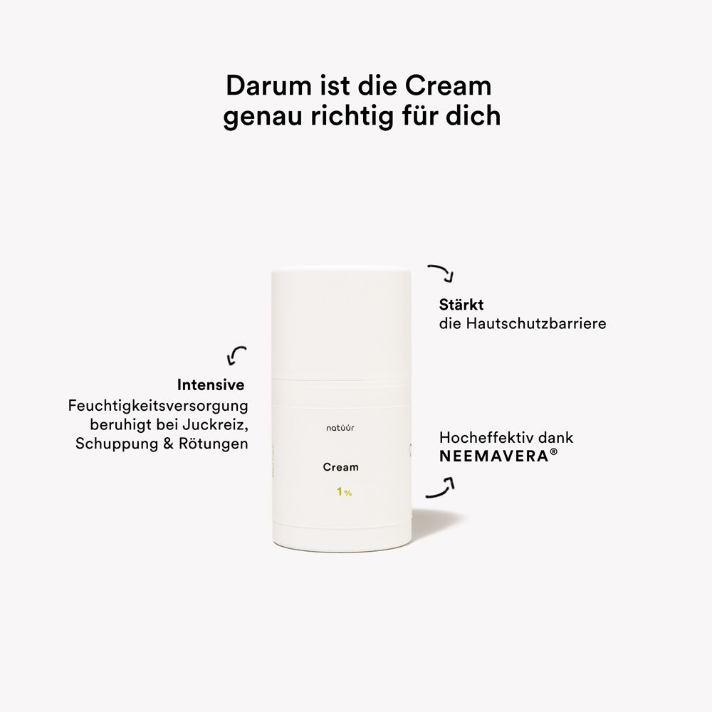 Frau mit lockigem Haar lächelt, umgeben von Icons, die beruhigende Haut, reduzierten Juckreiz und Schuppung hervorheben.