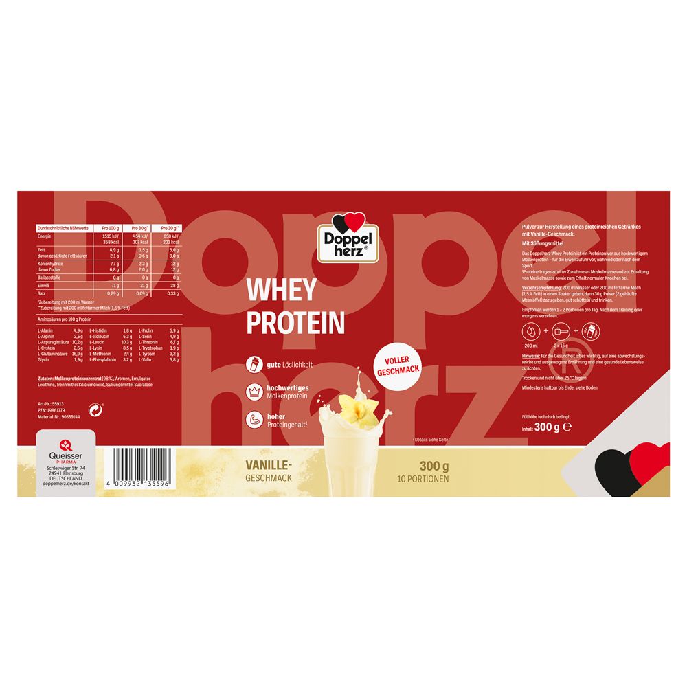 Rückseite der Dose mit Doppelherz Whey Protein Vanille-Geschmack. Roter Hintergrund, Produktname, Logo, Nährwertangaben, 300g, 10 Portionen.