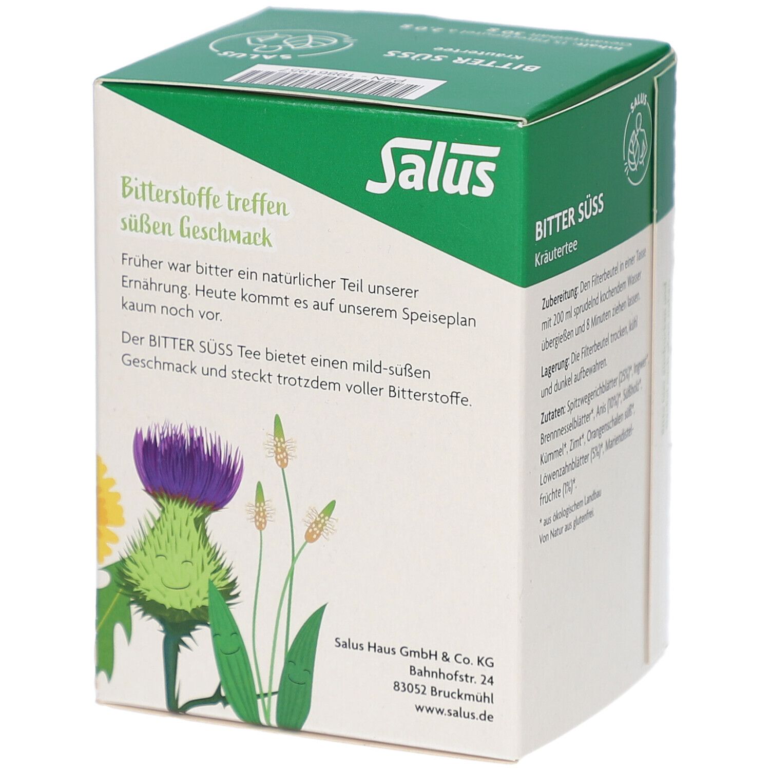Teebox mit Text: Bitterstoffe treffen süßen Geschmack. Marke Salus. Kräutertee. Abbildung einer Distel.